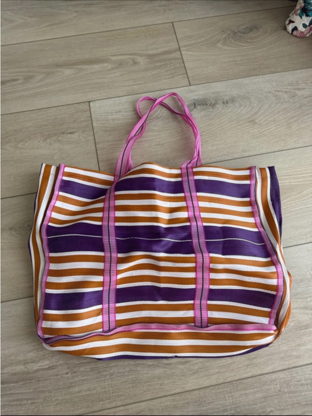 Zara Striped Purple & Orange Canvas Tote Bag with Pink Trim